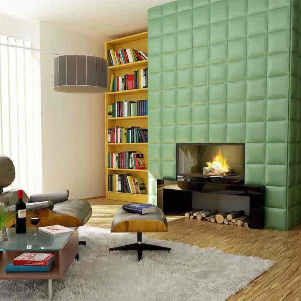 <span class="uk-h4">A living room with a green upholstered wall, a cozy fireplace, bookshelves, and modern furniture, creating a warm and stylish environment.</span>